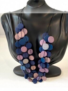 Caracol Multi-Strand Necklace With Purple & Blue Wooden Beads Adjustable Clasp
